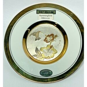 The Art Of‎ Chokin Decorative Plate 24k Gold Rim Hummingbird Hibiscus Vintage